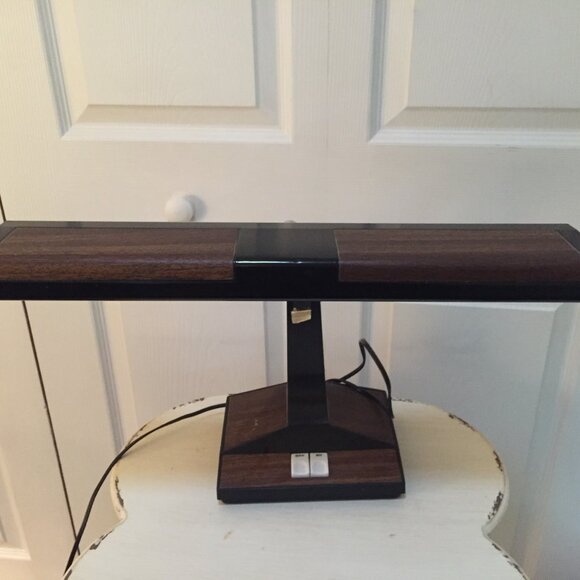 Vintage Gooseneck Fluorescent Desk Lamp Wood Grain Mid Century Push Button 18" - Picture 1 of 10